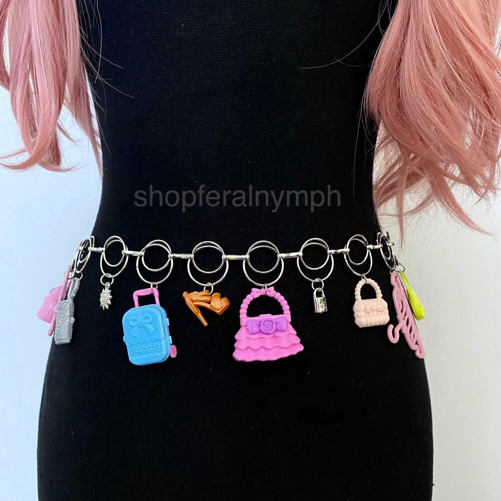 Silver Barbie Y2K Charm Open Ring Chain Belt, Fits 28-42 Inches, X7GA1293